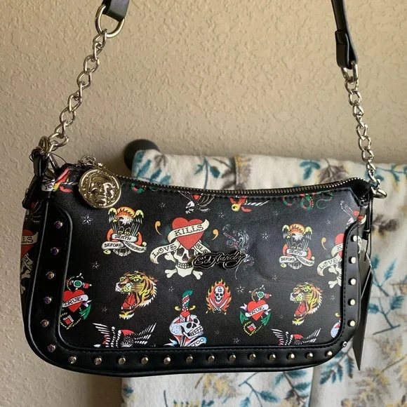 Ed Hardy Black and Red Tattoo Studded Shoulder Bag optional Crossbody strap - Picture 1 of 8